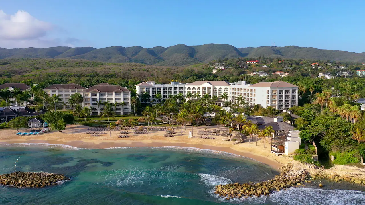 Aerial view of Hyatt Zilara Rose Hall beachfront resort overlooking turquoise waters and the Jamaican coastline.