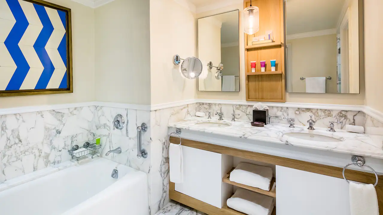 One Bedroom Ocean View Suite bathroom with soaking tub and dual vanity at Hyatt Zilara Rose Hall.