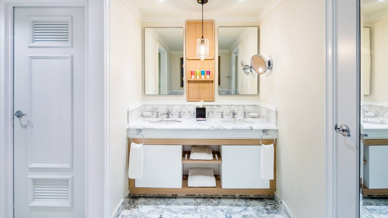 One Bedroom Swim-Up Suite bathroom vanity with dual sinks at Hyatt Zilara Rose Hall.