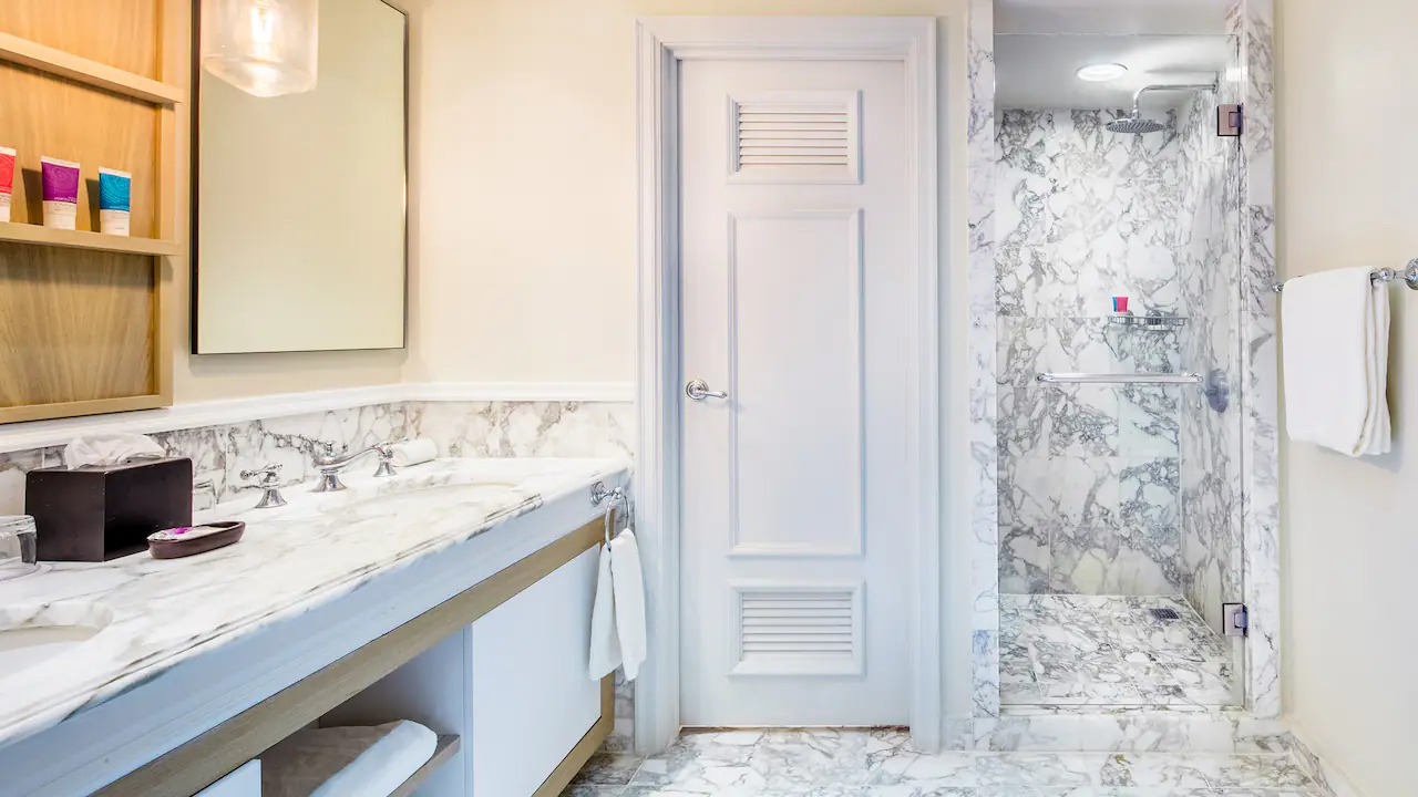 Resort View Double bathroom with walk-in rain shower and marble finishes at Hyatt Zilara Rose Hall.