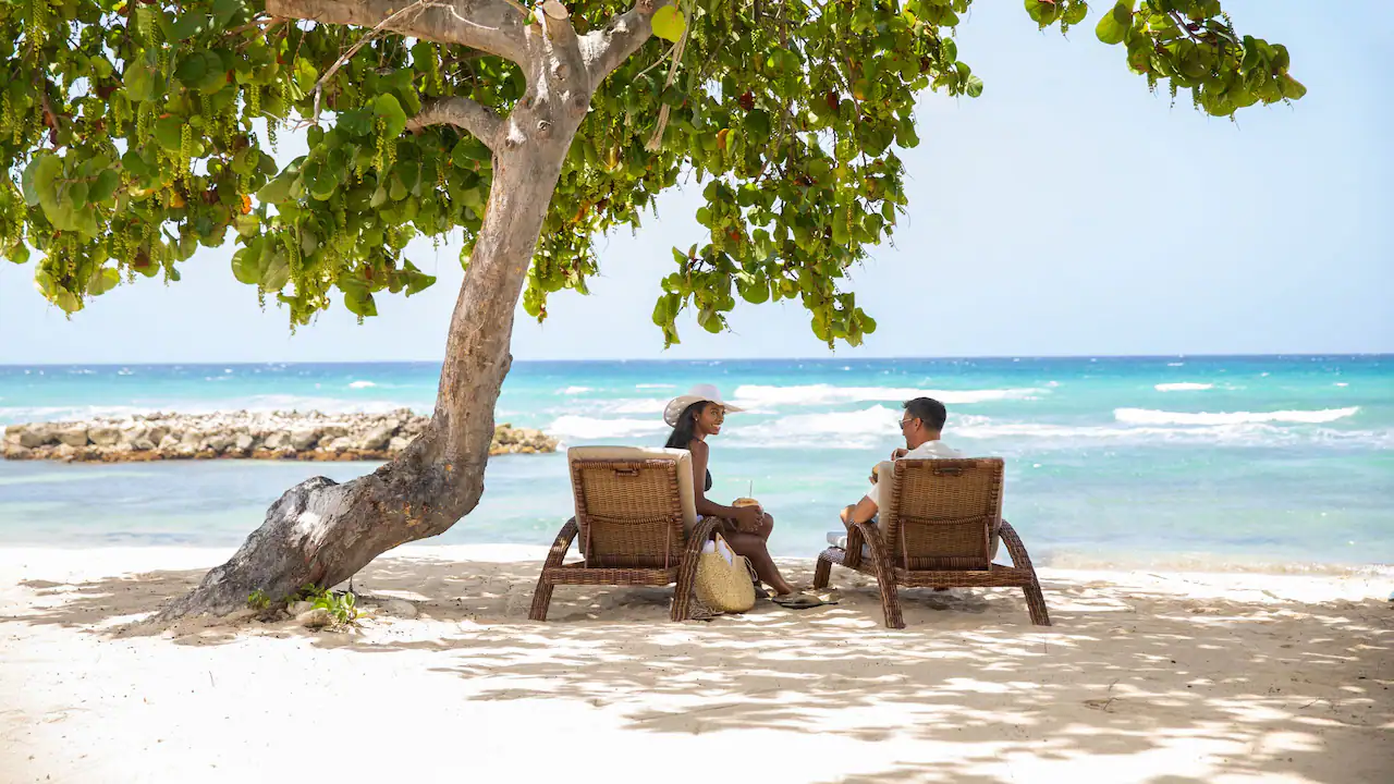 Couple relaxing in lounge chairs beneath a shade tree overlooking the Caribbean Sea at Hyatt Zilara Rose Hall.